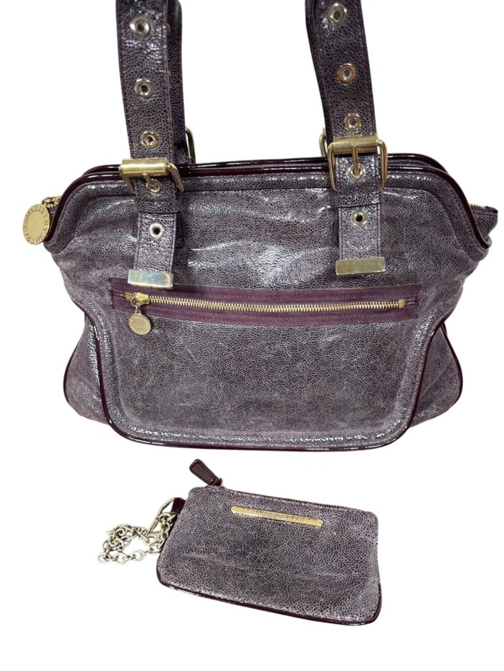 STELLA MCCARTNEY Double Handle Distressed Vegan Leather Satchel Glossy Plum OS